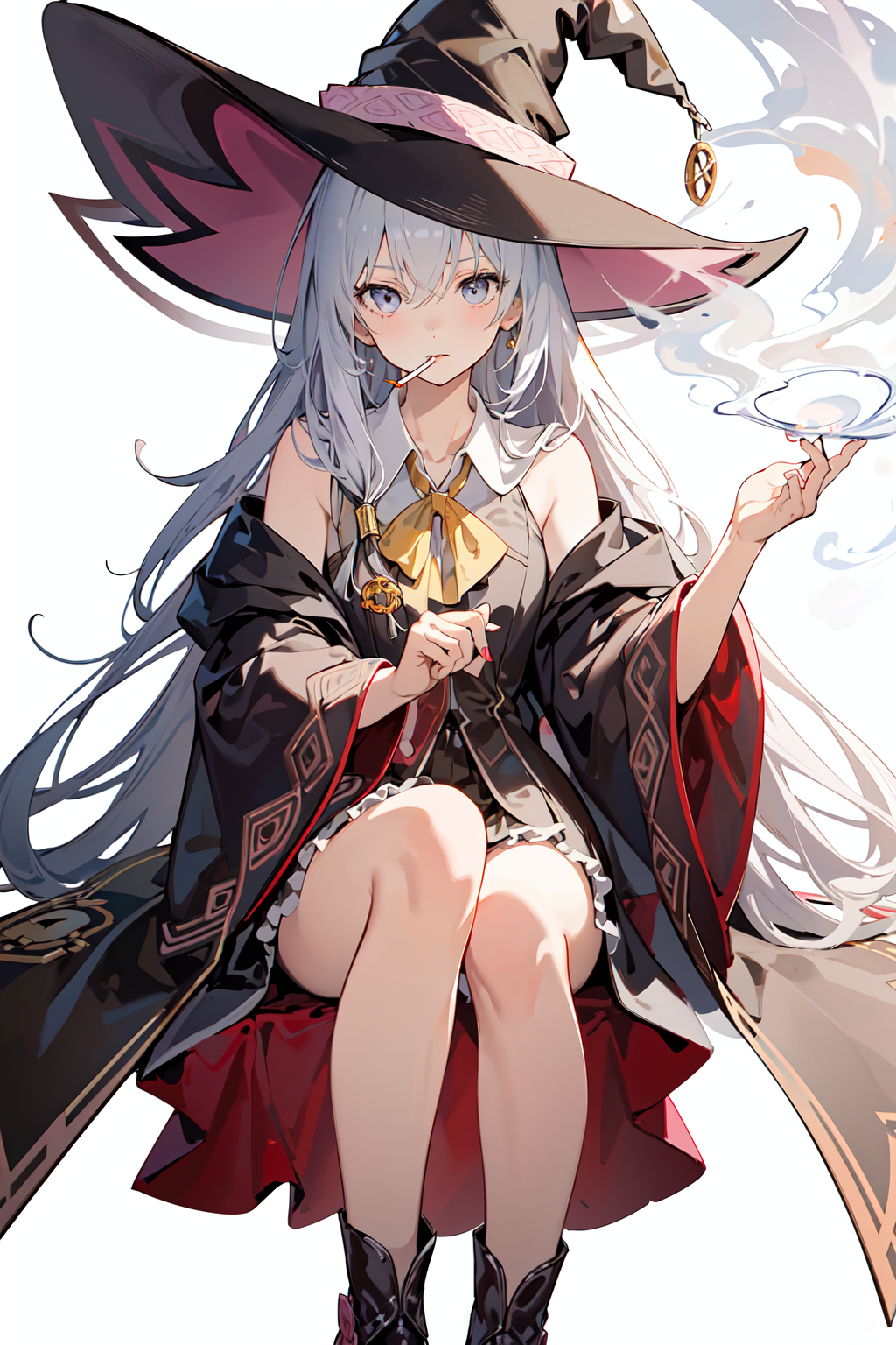 19881-2465885988-(masterpiece_1.2), best quality,PIXIV, smoking girl,Elaina,white hair,witch hat, _white simple background, _.png